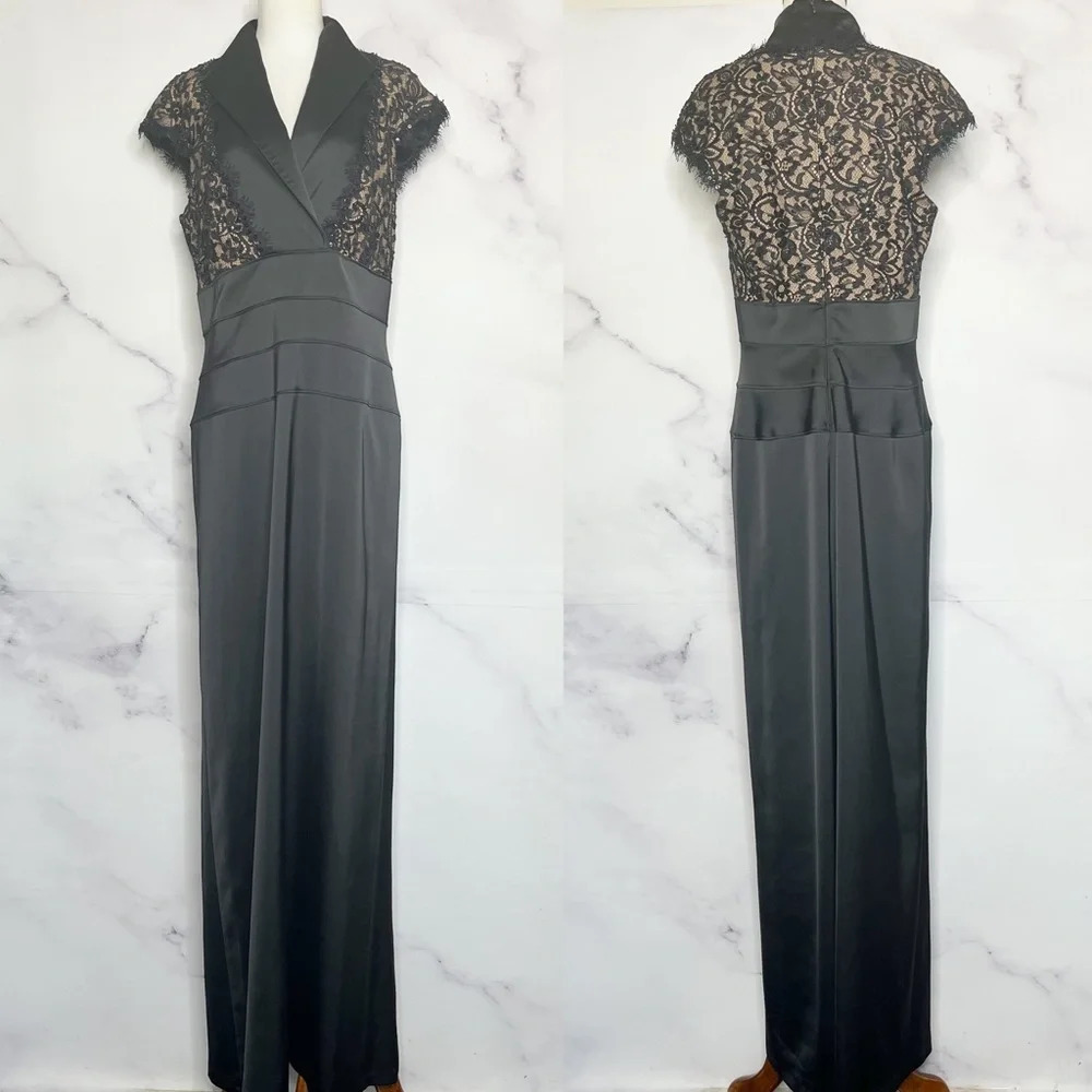 Tadashi Shoji Black Gold Beaded Detail Collared Neckline Gown